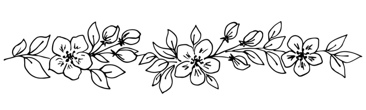 Hand drawn simple vector drawing in engraving style. Seasonal spring design. Blooming sakura, flower border, leaves, branches, buds. Ink sketch.