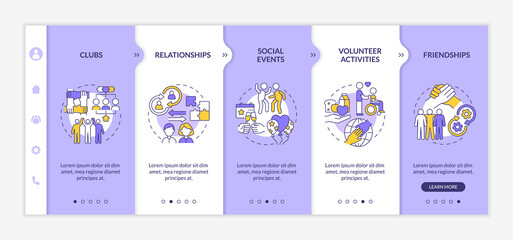 Fototapeta na wymiar Social participation example onboarding vector template. Responsive mobile website with icons. Web page walkthrough 5 step screens. Activity in society color concept with linear illustrations