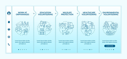 Volunteering work type onboarding vector template. Responsive mobile website with icons. Web page walkthrough 5 step screens. Charitable organisation color concept with linear illustrations