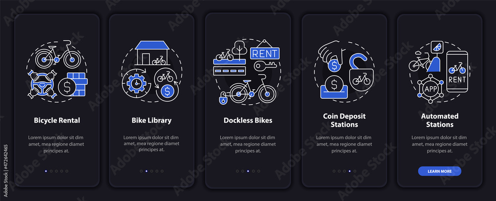 Poster bicycle share services onboarding mobile app page screen. dockless bikes walkthrough 5 steps graphic
