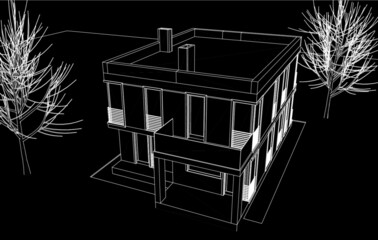 house architecture on black background digital drawing