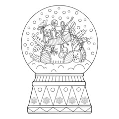 Coloring page snow globe, thin line art. A Christmas gift. Winter decor. Hand drawn vector illustration. Isolated simple doodle element. Coloring book for children and adults.