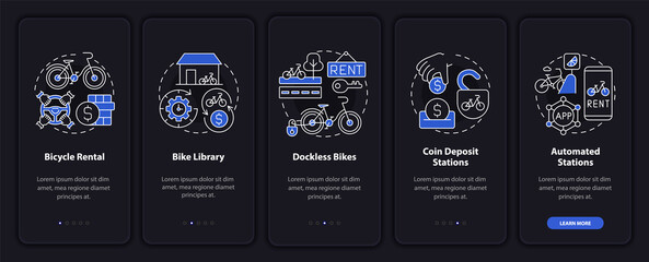 Bicycle share services onboarding mobile app page screen. Dockless bikes walkthrough 5 steps graphic instructions with concepts. UI, UX, GUI vector template with linear night mode illustrations