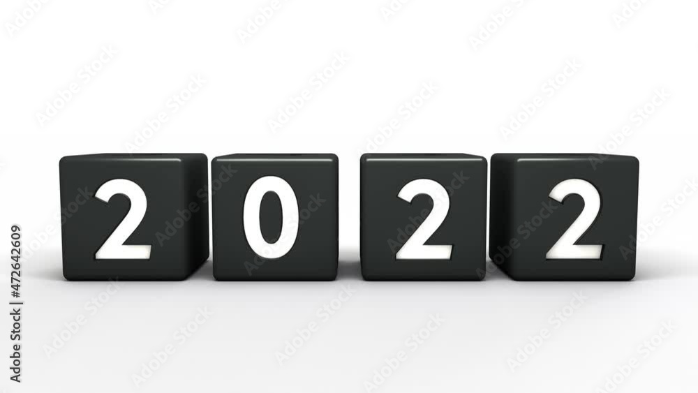 Poster new year's 3d animation of the date of the new year 2022 composed of black cubes with numbers, on a 