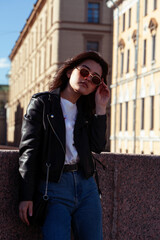 Fototapeta premium young pretty asian girl wearing sunglasses outside on big city street, lifestyle people concept