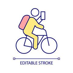Obraz premium Bicycle traveler with smartphone RGB color icon. Bicyclist with phone. Touring bicycle. Searching for route and trail. Isolated vector illustration. Simple filled line drawing. Editable stroke
