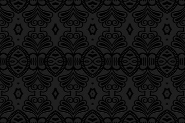Embossed black background design, art deco.Texture with geometric volumetric convex ethnic exotic 3D pattern.Vector graphic template in the style of the peoples of the East, Asia, India, Mexico, Aztec