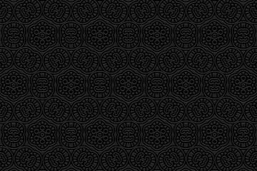 Embossed black background design, art deco.Texture with geometric volumetric convex ethnic elegant 3D pattern.Vector graphic template in the style of the peoples of the East, Asia, India, Mexico.