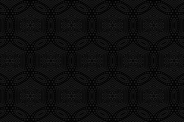 Embossed black background design, art deco.Texture with geometric volumetric convex ethnic modern 3D pattern.Vector graphic template in the style of the peoples of the East, Asia, India, Mexico, Aztec