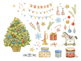Fototapeta na wymiar Set of Christmas watercolor illustrations: Christmas tree, garlands, flags, toys, gifts, Christmas tree decorations, musical instruments, firecrackers, confetti.