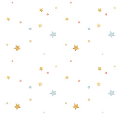 Seamless pattern of hand drawn watercolor stars and confetti.