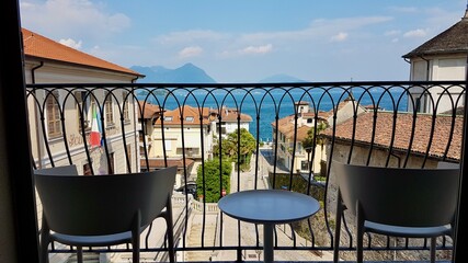 Fototapeta premium Stunning views of Lago Maggiore from balcony in Baveno, Northern Italy.