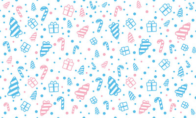 texture seamless blue pink and white. Christmas tree, gifts, round snowflakes, caramel, sweets. Christmas pattern repeating for white background print