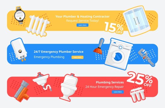 Emergency plumber service horizontal landing page vector illustration. Advertising internet promo