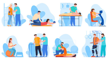 Naklejka na ściany i meble Physical therapy collection vector flat illustration. Set medical doctors working disabled patient