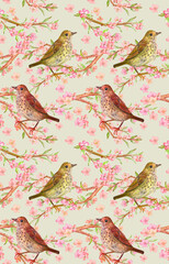 seamless texture with Redwing birds in flowering almond forest. watercolor painting