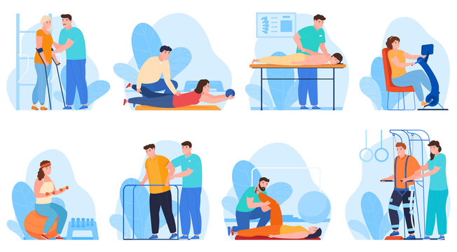Physical therapy collection vector flat illustration. Set medical doctors working disabled patient