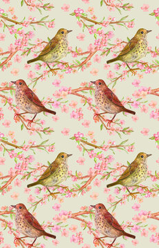 Seamless Texture With Redwing Birds In Flowering Almond Forest. Watercolor Painting