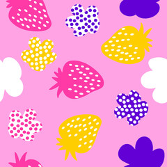 Multicolored strawberries and spotted flowers seamless pattern. Perfect for T-shirt, textile and prints. Hand drawn vector illustration for decor and design.
