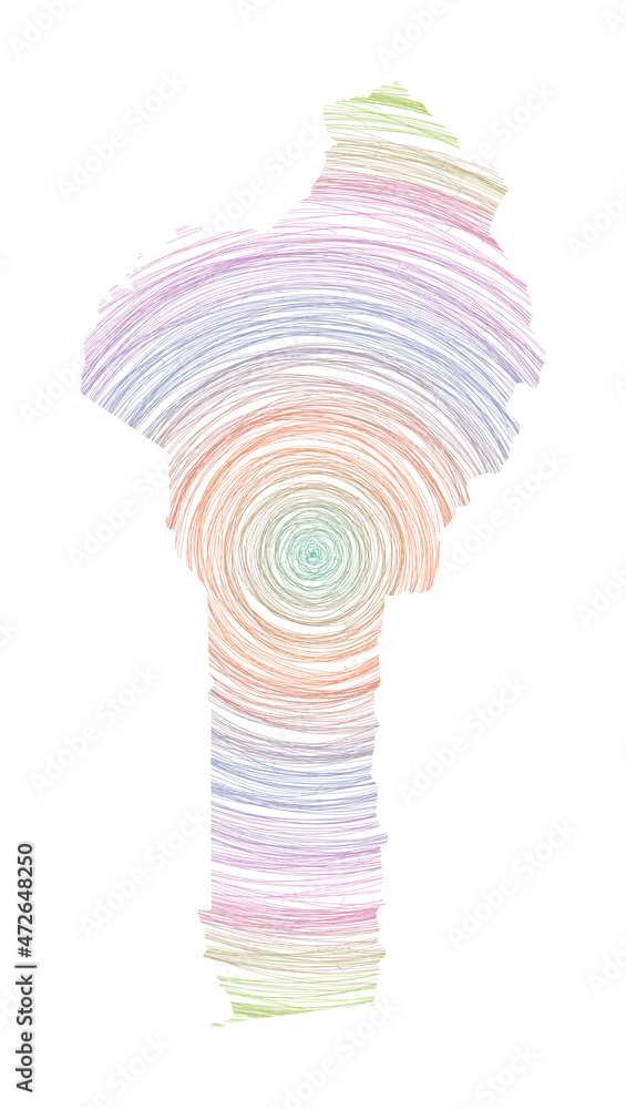 Poster benin map filled with concentric circles. sketch style circles in shape of the country. vector illus