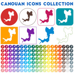 Canouan icons collection. Bright colourful trendy map icons. Modern Canouan badge with island map. Vector illustration.