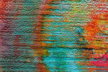 Oxidized copper, abstraction.  Natural orange, blue. green yellow background with patina rusty copper plate