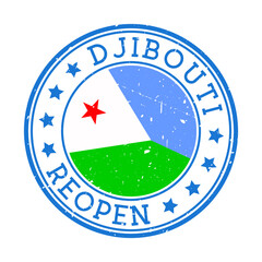 Djibouti reopening stamp. Round badge of country with flag of Djibouti. Reopening after lock-down sign. Vector illustration.