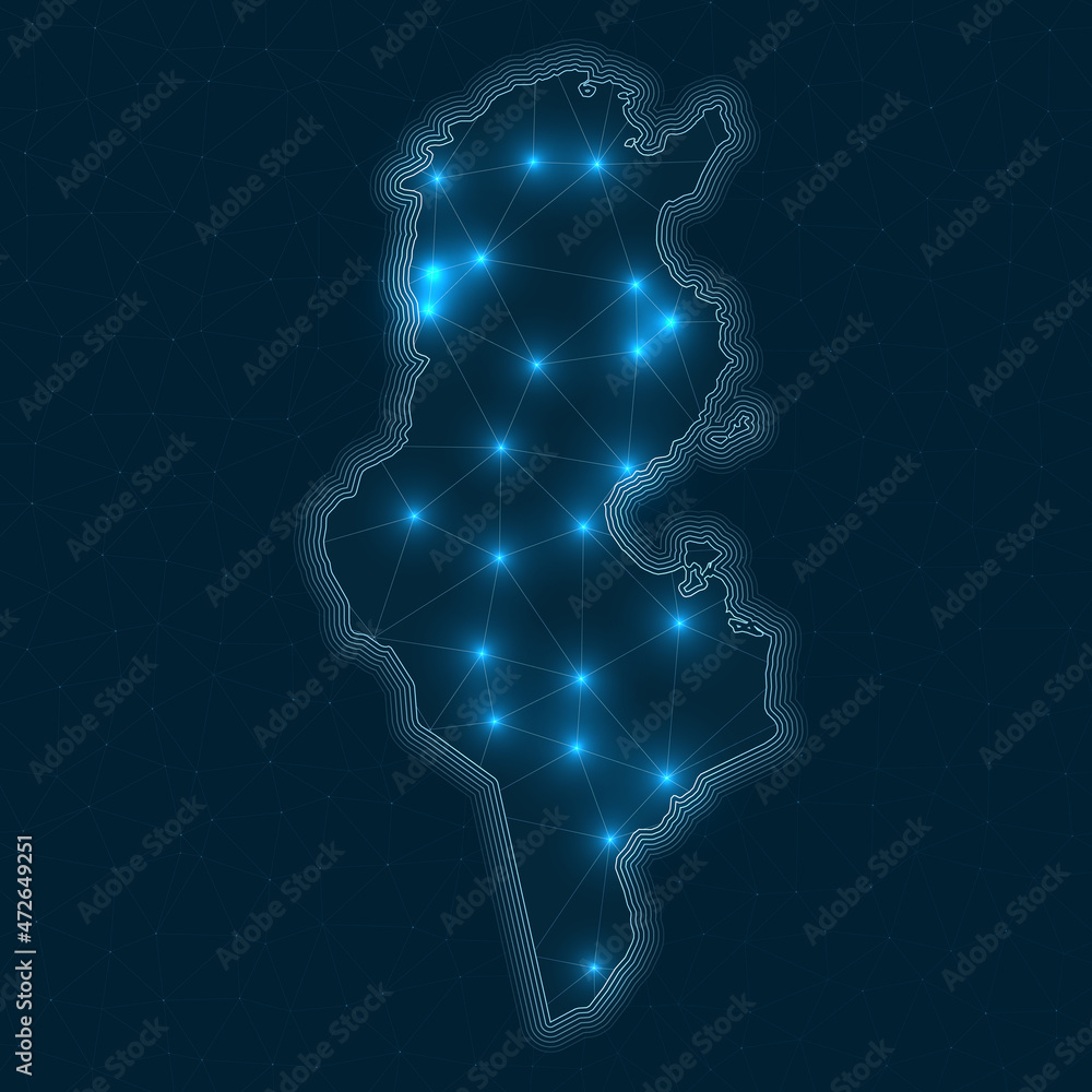 Poster tunisia network map. abstract geometric map of the country. digital connections and telecommunicatio