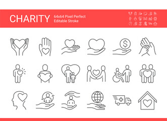 Vector icon set of charity. Volunteer and Charity Organisations, donations symbols. Editable vector stroke. Pixel perfect. - obrazy, fototapety, plakaty
