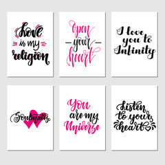 Set of inspirational romantic greeting card with hand lettering. illustration for Valentines day greeting cards, posters, banners and much more