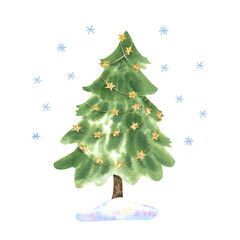 Christmas tree decorated with golden stars garland. Hand painted illustration isolated on white.  Great for New Year and Christmas greeting cards. Winter design. Green and yellow colors.