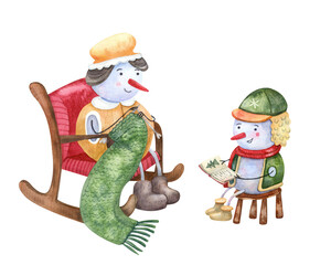 Grandma and grandson snowmen spending time together. Great for New Year and Christmas greeting cards. Cozy winter. Red, green and yellow colors. Watercolor illustration.