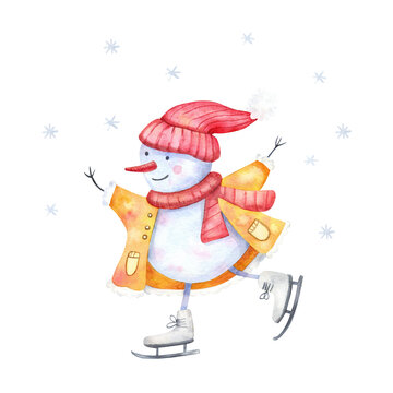 Cute snowman skating. Funny character. Winter fun, sport and recreation. Watercolor hand painted illustration isolated on white. Yellow and red colors.