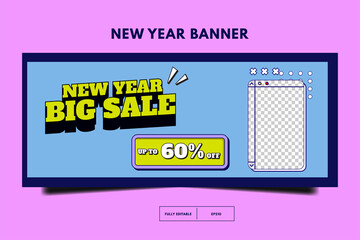 Horizontal banner template. Social media promotion template. New year sale 80s retro post template. Memphis social media design. banner template design with space for photo