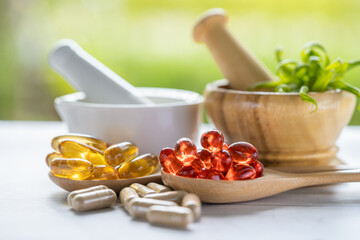 Alternative medicine nature herbal organic capsule, drug with herbs leaf natural supplements for healthy good life.