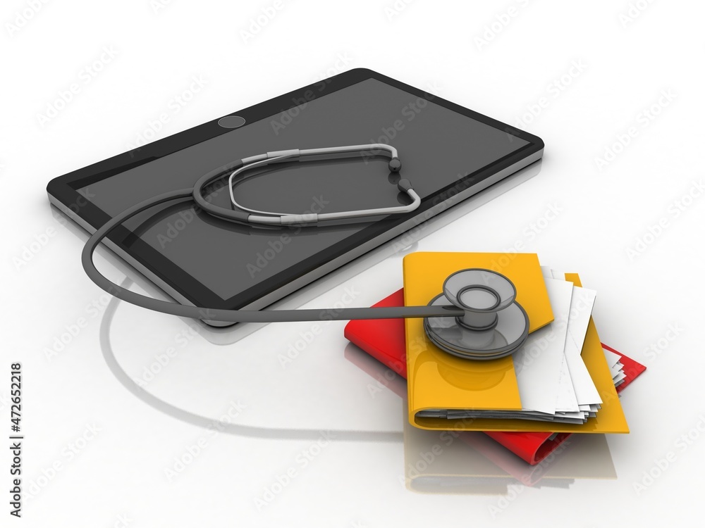 Poster 3d rendering mobile folder connected stethoscope