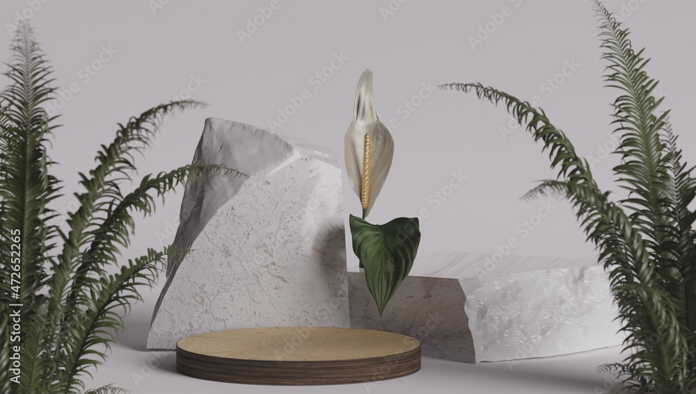 Poster marble texture table and green leaf wall product display background.3d perspective studio photograph