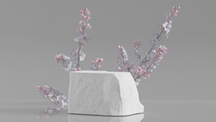 Elegant podium for displaying perfumery, gift and cosmetic products. Split stone in white tones with plants. with copy space - 3D rendering.