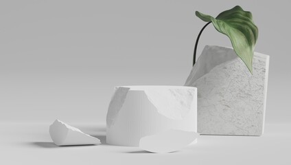 Elegant podium for displaying perfumery, gift and cosmetic products. Split stone in white tones with plants. with copy space - 3D rendering.