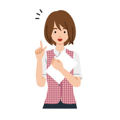 立って書類を手に持って何かひらめいた事務員制服の女性