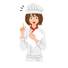 立って書類を手に持って何かひらめいた調理師の女性