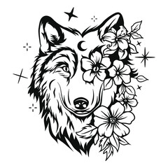 Vector wolf with flowers. Wolf head.