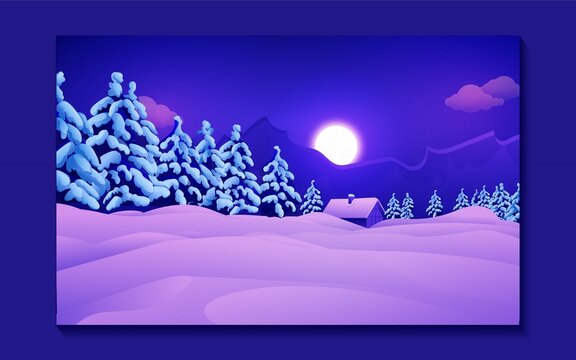 Winter season landscape illustration with trees snowfall cloud moon houses and mountains