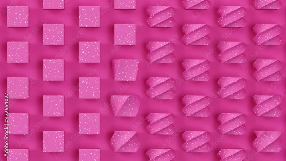 Poster red cube shapes rotating on pink background. 3d render seamless looping creative animation. geometri