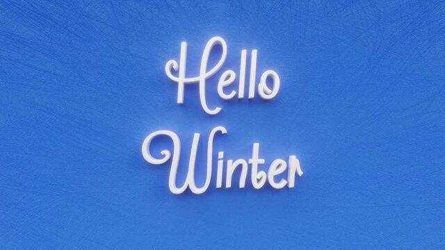 Hello Winter text inscription, winter seasonal holiday concept, decorative animated lettering, january, february and december months, 3d render of festive greeting card motion background