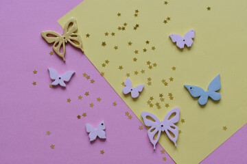 Variety of gold and pastel Butterflies Image in flatlay style. butterfly background. Different pastel colours. Christmas decoration. holiday. Top view flatlay . background for children's party. 