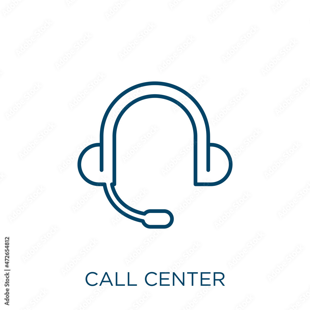 Poster call center icon. thin linear call center outline icon isolated on white background. line vector cal