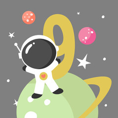 Space Party Invitation Card Template, Birthday Party in Cosmic Style Celebration, Greeting Card, Flyer Cartoon Vector. Kids illustration with planets, cosmonaut and number nine.