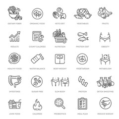 Web Set of Nutrition, Healthy food and Detox Diet Vector Thin Line Icons