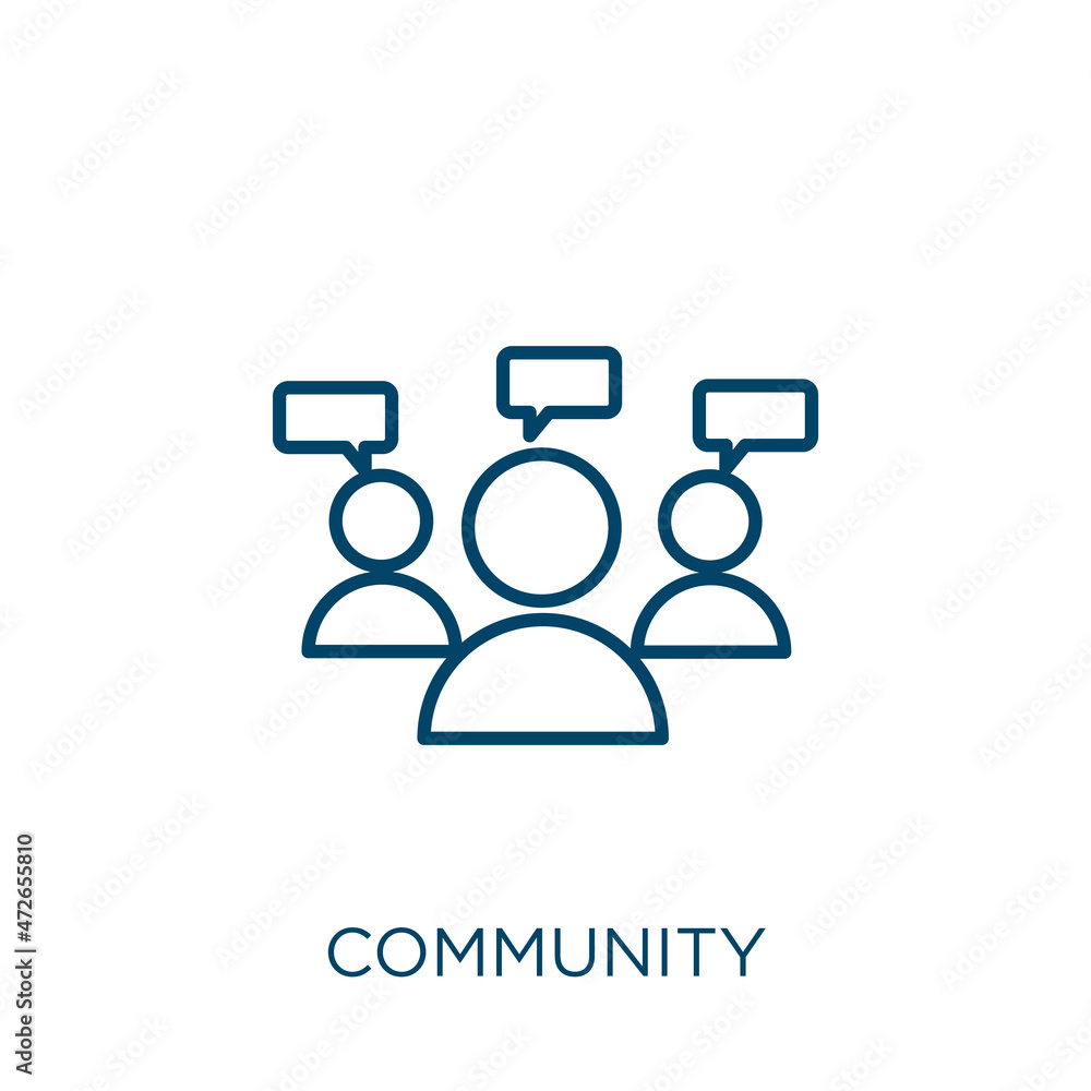 Poster community icon. thin linear community outline icon isolated on white background. line vector communi